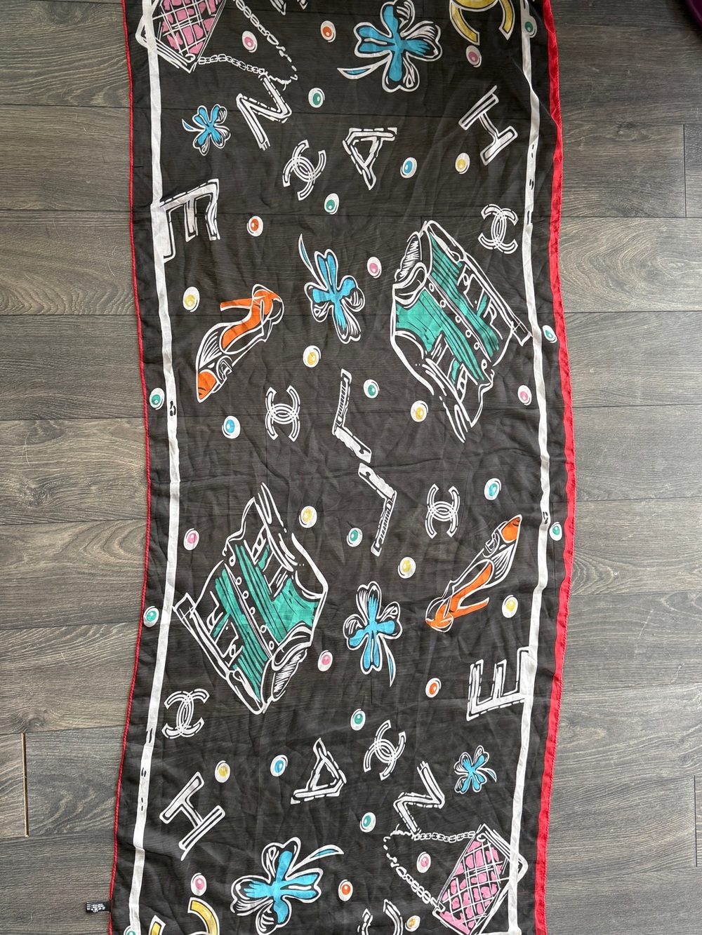 CHANEL Black Scarf with Teal, Orange, Pink and Red Accents